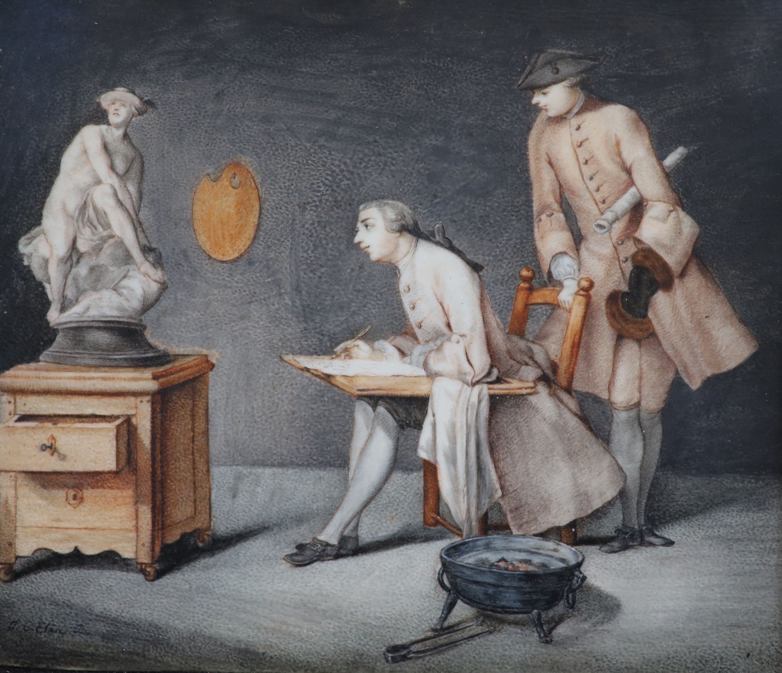 Johann Christien Elin (1733-), A young gentleman sketching from the antique, supervised by his drawing master, Ink and watercolour on ivory, 12.5 x 14.5cm.